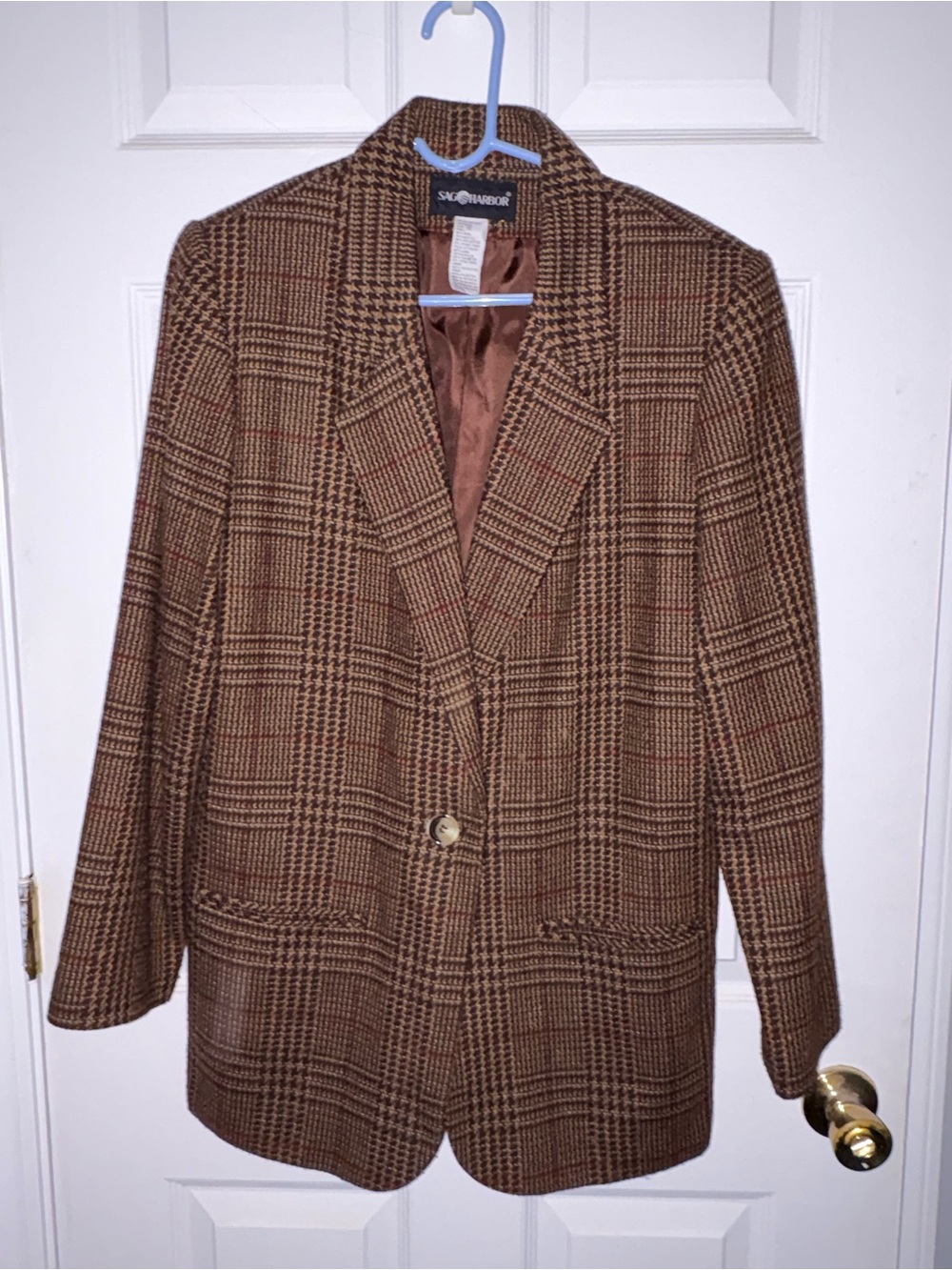 Vintage Sag Harbor Brown Plaid Single-Button Blazer